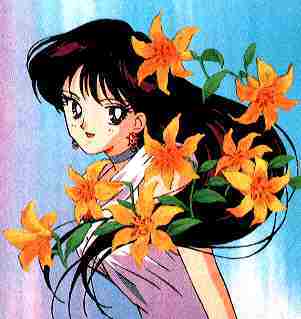 Rei in dress with orange flowers in her hair (very very nice!)